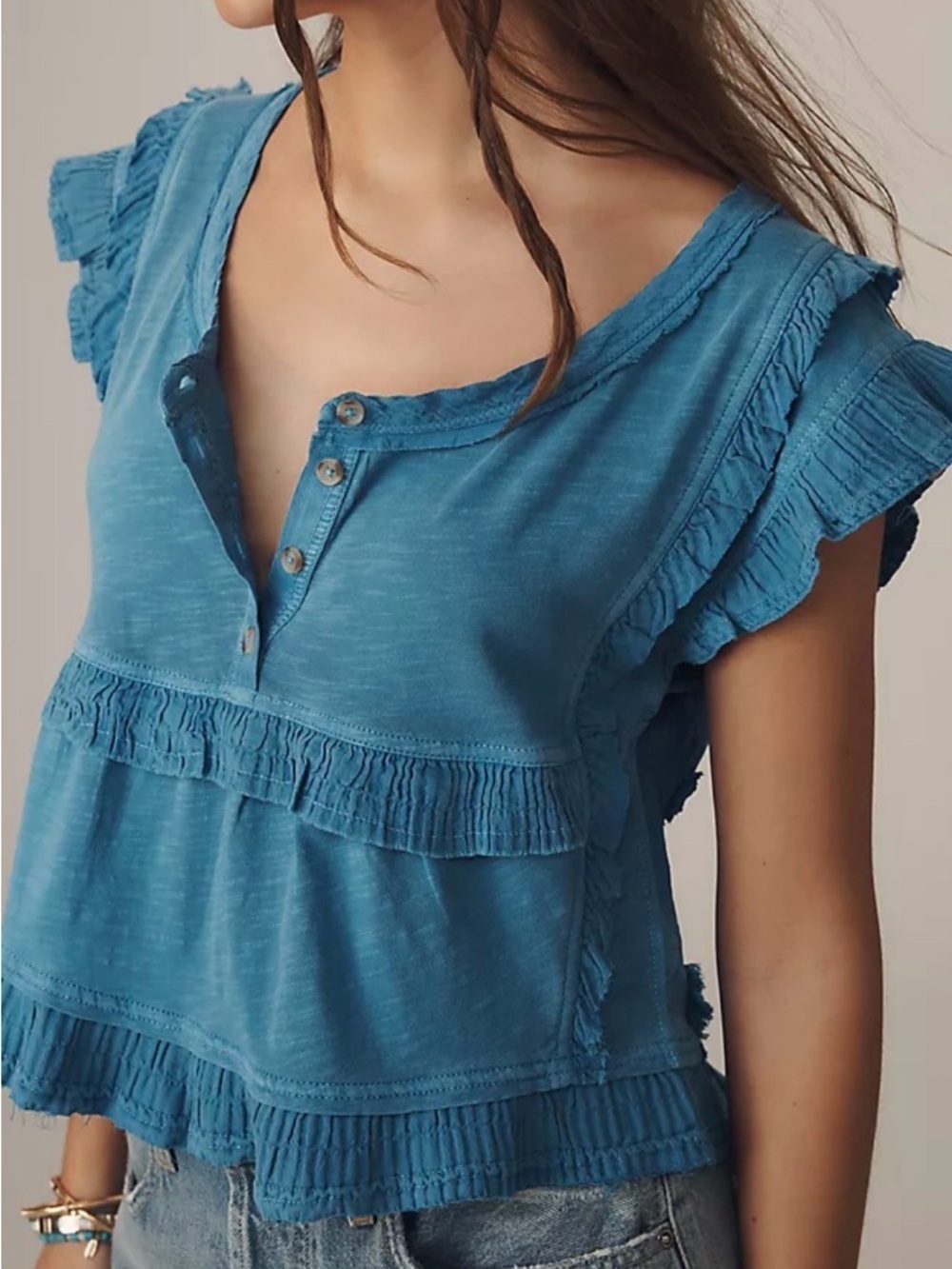 PILCRO ANTHROPOLOGIE BLUE SLEEVELESS RUFFLE EDGE SCOOP NECK SHIRT SZ XXS